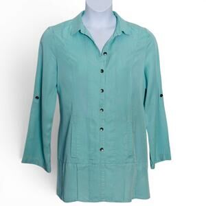 Soft Surroundings Island Breeze Tunic Top Sz L Aqua Tencel Button Front Pockets